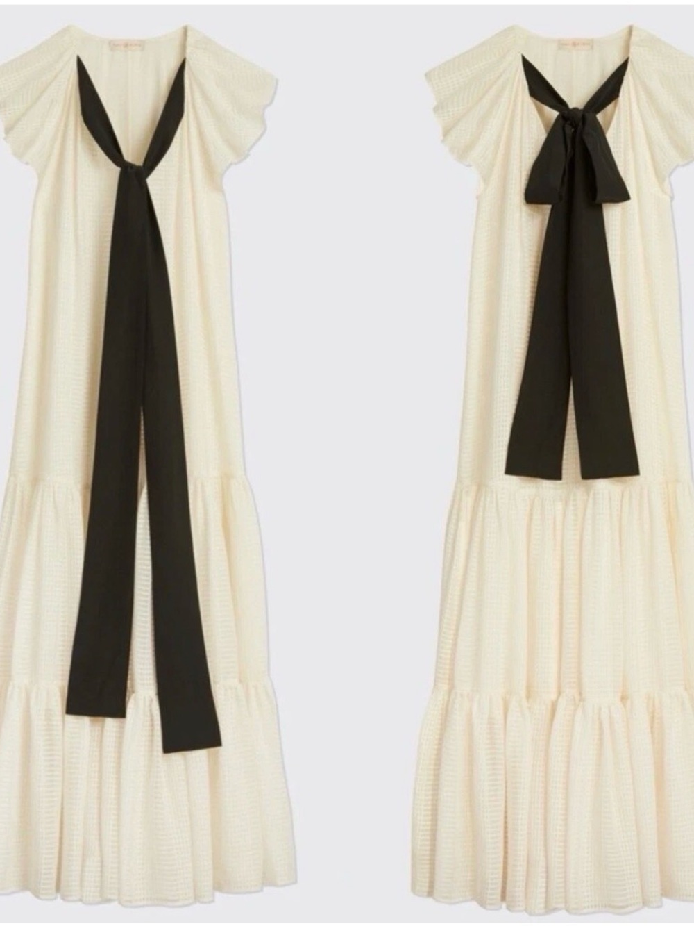 Tory Burch Runway Textured Cream Tiered Dress with Black Neck Bow Size 12